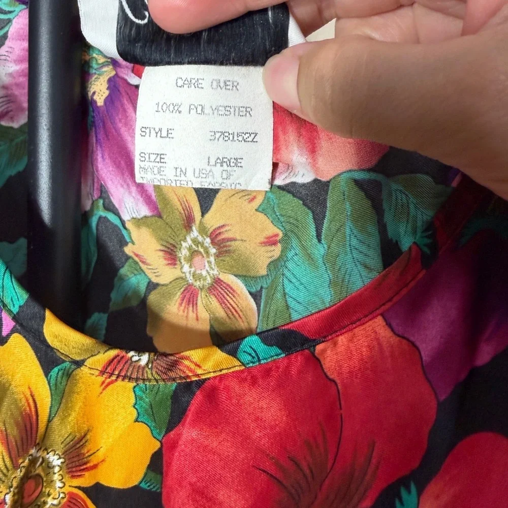 California Miss Vintage Floral Pajama Set Shorts Top Multicolor Satin Large USA